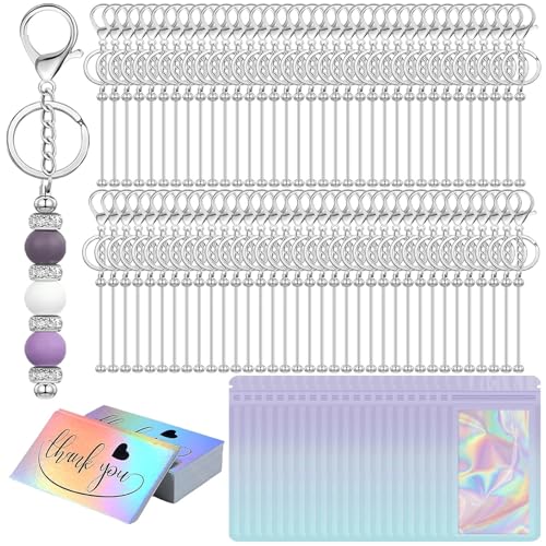 Image of 42 /84 /126 Pcs Beadable Keychain Bars Bulk Blank DIY Beaded Keychain Making Supplies with Bag Thank You Card