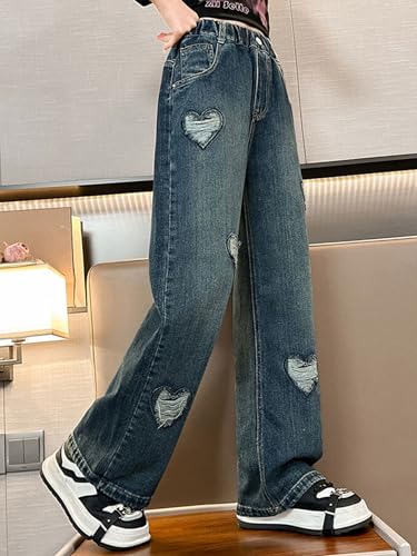 Hularka Kids Girls Wide Leg Jeans Heart Ripped Denim Pants Vintage Loose Fit Casual Straight Denim Pants Streetwear2