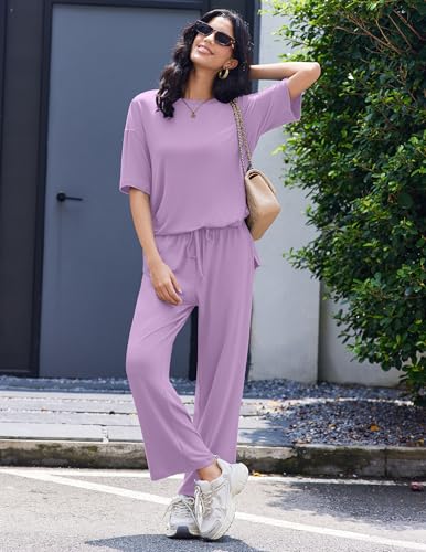 Image of Ekouaer Lounge Sets for Women Short Sleeve Tops and Long Pants Soft Comfy Pajamas Set 2 Piece Outfits