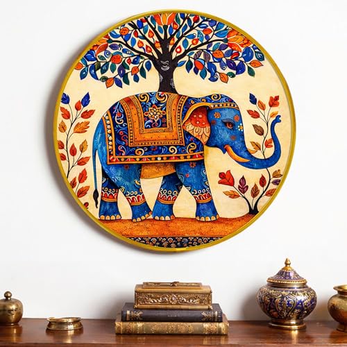 Image of Decorative Elephant Round Framed Wall Art Painting For Living Room | Traditional Floral Vastu Elephant Wall Art Painting with Frame for Home, Bedroom & Office, 16 Inch