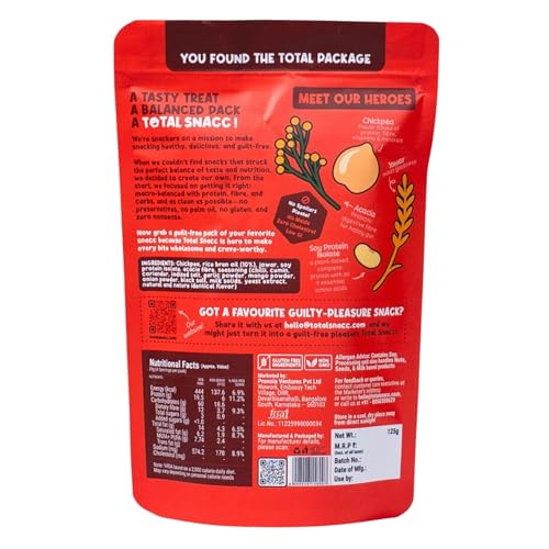 Image of TOTAL SNACC Roasted Bhujia Peri Peri 125g | High Protein 19 g, High Fibre 12 g | 70% Less Oil | No Palm Oil | Baked Bhujiya | High Protein Snacks | Healthy Namkeen | Diabetic Friendly | Millet Bhujia | Low Calorie