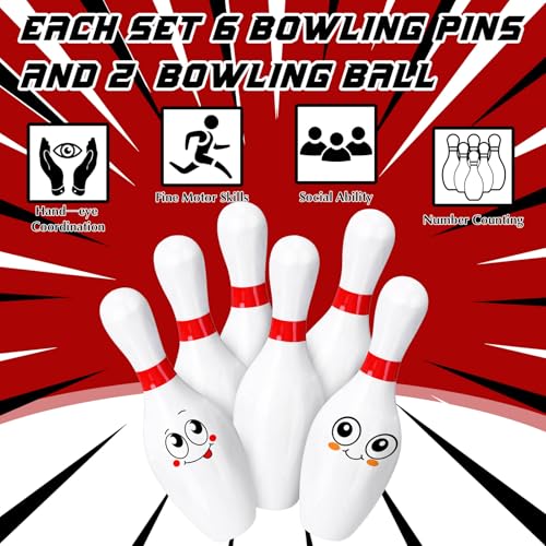 RoundFunny 9 Pcs Mini Bowling Set Indoor DIY Outdoor Portable Lawn Ball Game Set with 6 Bowling Pins 2 Plastic Ball 1 Lane Mat for Early Education Educational Birthday Gift Party School Toy - Thumbnail 5