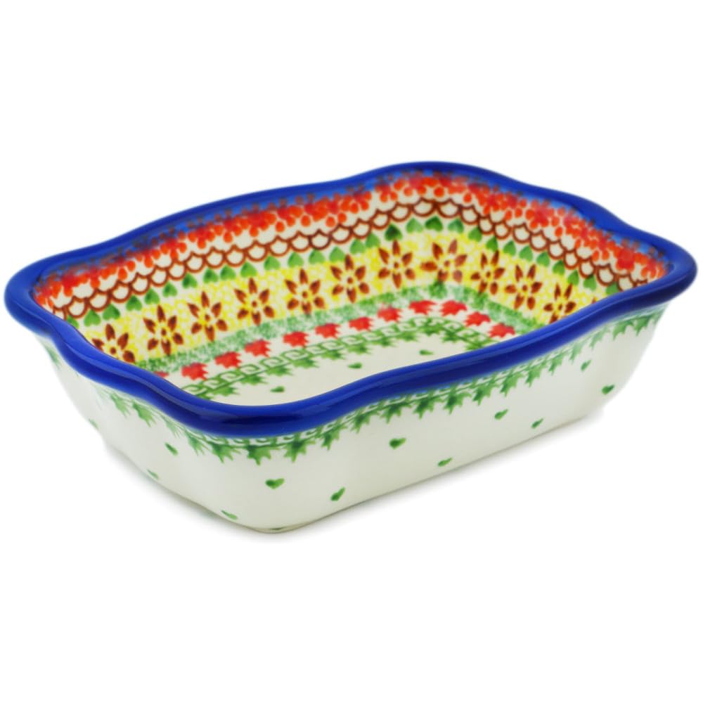 Authentic Polish Pottery Rectangular Baker in Cheerful Fall Design Handmade in Boles?awiec Poland by Ceramika Bona + Certificate of Authenticity