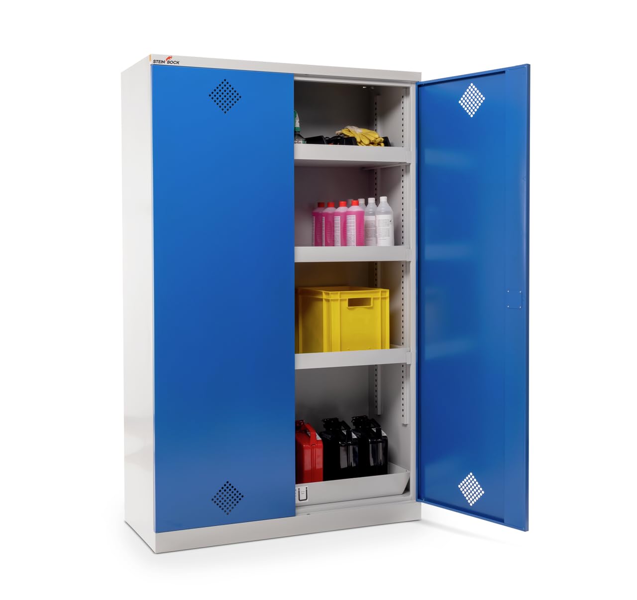 Steinbock Gefahrstoffschrank aus Stahlblech für wassergefährdene Stoffe bis WGK 2 | HxBxT 195 x 120 x 50 cm | Bodenwanne nach StawaR | vollmontiert | Chemikalien- und Giftschrank mit Zylinderschloss