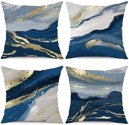 Throw Pillow Cases 4 Pack 18x18 inches Navy Blue Gold Decorative ...