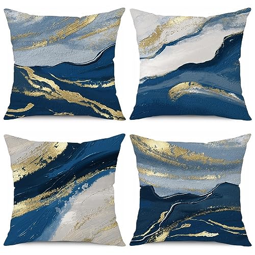 BCKAKQA Throw Pillow Cases 4 Pack 18x18 inches Navy Blue Gold Dec...