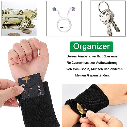 Sport Handgelenktasche, 4 Stück Handgelenktasche mit Reißverschluss, Schweissband Handgelenk, Handgelenktasche mit Reißverschlusstasche Münze, für Jogging, Basketball Laufen Sport(Schwarz)