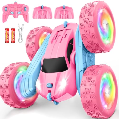 Image of Remote Control Car, RC Cars for Girls, 2.4 GHz Double Sided RC Crawler with Upgraded USB-C Modular Battery, 360Rotating Car Toys for 6 7 8 9 10 11 12 Year Old Girl Birthday Gift PinkBlue