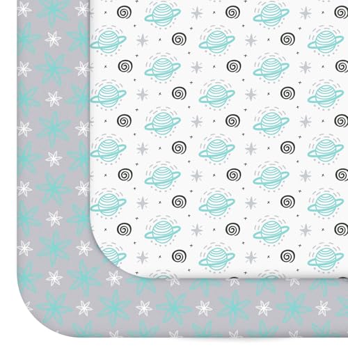 Image of Pack and Play Sheets, 2 Pack Mini Crib Sheets, Stretchy Playard Fitted Sheet, Compatible with Graco Pack n Play, Soft and Breathable Material, Planet & Flower