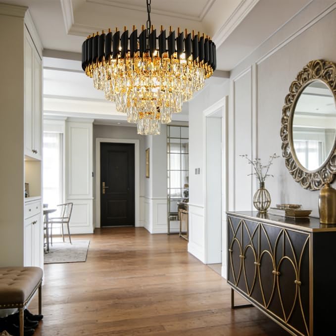 Black and Gold Crystal Chandelier, 24 Inch Black Chandelier Pendant Light 5-Tier with K9 Crystals Chandeliers for Dining Room, Bedroom, Kitchen Island, Entryway
