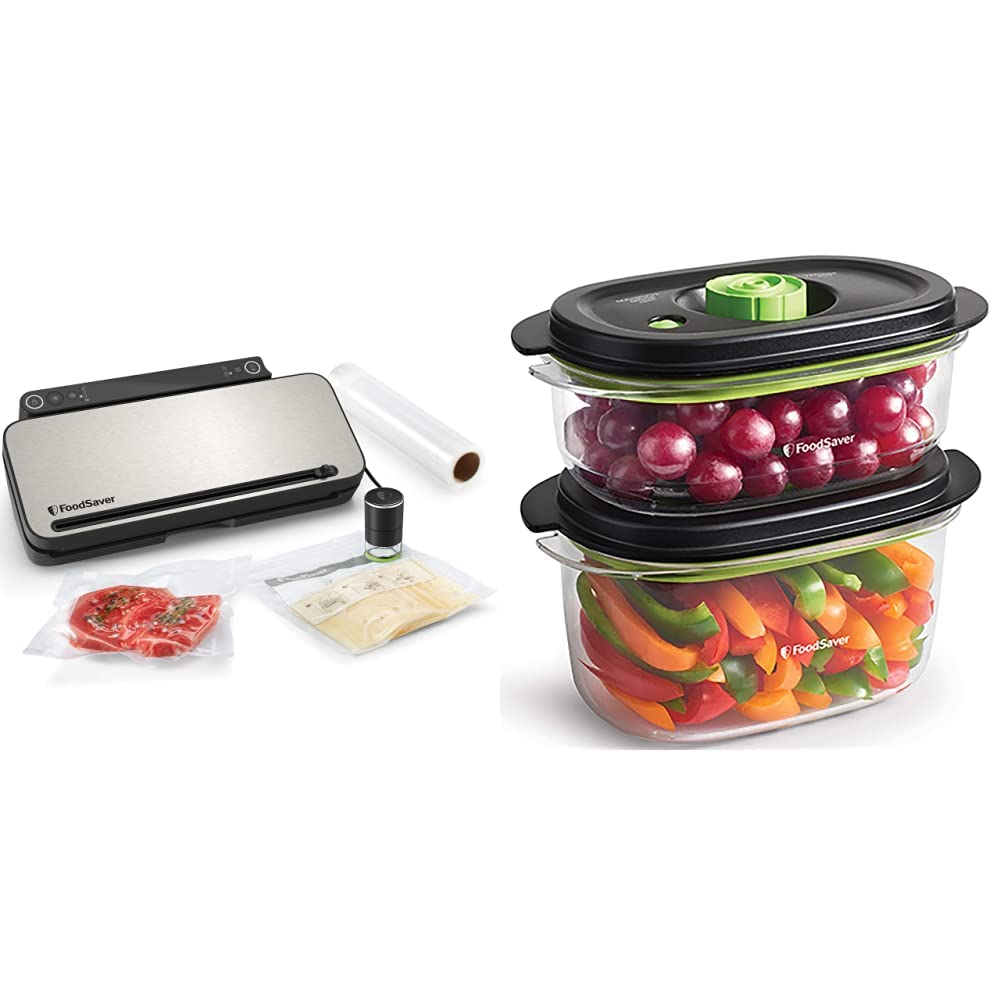 FoodSaver Premium VS3190X Envasadora al vacío,4 bolsas & 4 bolsas con cierre tipo zip, Acabado plata y negro & FoodSaver Recipiente para conservar y marinar al vacío