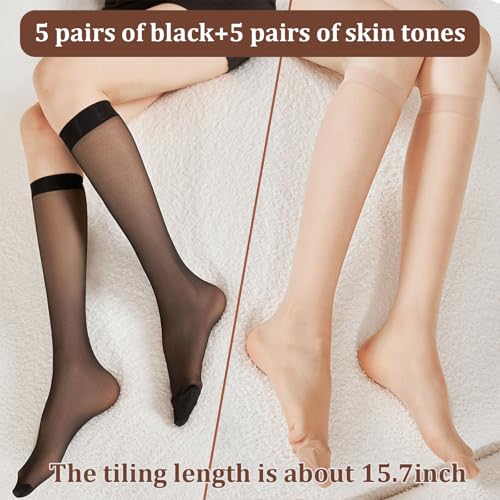 10 Pairs Sheer Knee High Stockings for Women, Black Nude Knee High Hose Nylons Pantyhose3