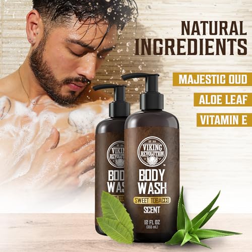 Image of Viking Revolution Men's Body Wash - Sweet Tobacco Mens Body Wash - Mens Natural Body Wash for Men with Vitamin E and Rosemary Oil - Shower Gel Body Wash Men (12 Fl Oz, Pack of 2)