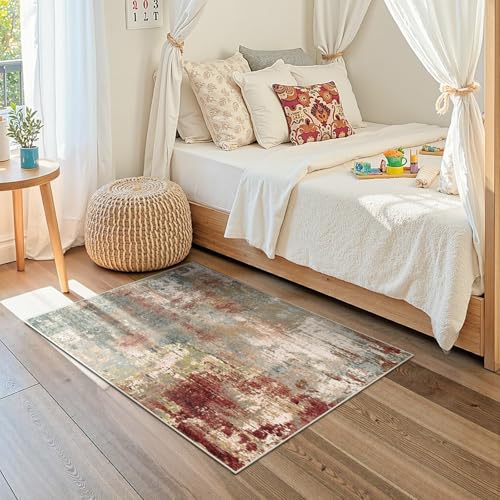 Washable Area Rugs 3'x5' Non-Slip Modern Abstract Soft for Living Room Entryway Bedroom Nursery, Print Pattern, Brown Rust Red Multi