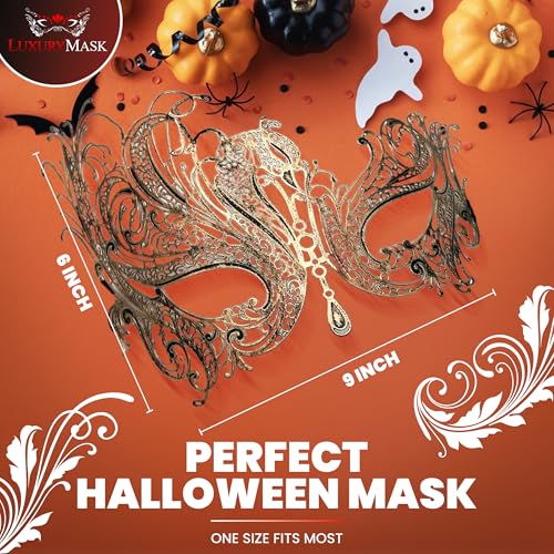 Image of Metal Filigree Masquerade Mask for Women - Swan Style Mask with Rhinestones for Mardi Gras, Prom, Halloween & Venetian Party
