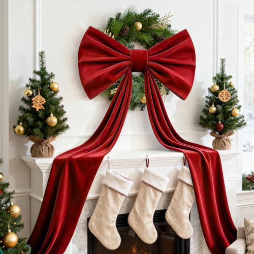20 x 71 Inch Extra Large Velvet Bows for Christmas Tree - 1 Pack Giant Velvet Bow Christmas Tree Topper Decor with Long Streamers for Xmas Tree Front Door Home Party Bow Ornaments (Red) - image 3