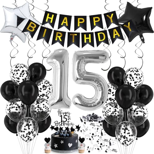 Cadimus Luftballon 15. Geburtstag Schwarz Silber Deko 15. Geburtstag Luftballon 15 Black and White Party Deko Luftballons Schwarz Silber Geburtstagsdeko für 15 Jahre Junge und Mädchen