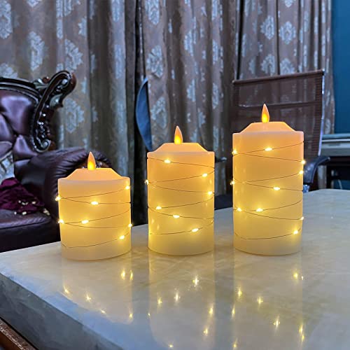 Image of Battery Operated Flameless LED Candles: with Embedded String Lights, 3 Pack Flickering Electric Candle with 10-Key Remote Control for Seasonal Festival Celebration Real Wax(Batteries not Included)