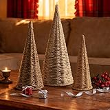 3pcs Natural Woven Christmas Trees Decor, Artificial Christmas Tree Decorations for Home Party Table Village Craft Indoor Outdoor Vintage Christmas Decor(Khaki+Dark Khaki+Natural)