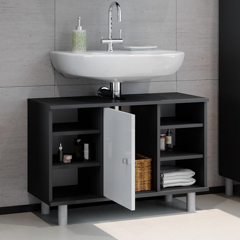 Vicco Fynn szafka pod umywalkę, antracytowa/biała, wysoki połysk, 80 x 54 cm, z 6 półkami, do przechowywania w łazience z wgłębieniem na syfon