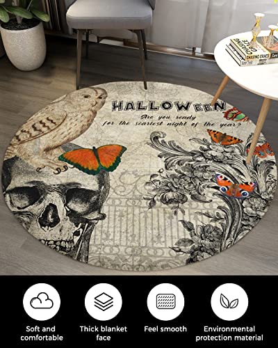 Soft Area Rug Round Carpet Vintage Halloween Owl With Butterfly Skull,Plush Shag Floor Mats Circle Rug Circular Fluffy Rug Retro Old Shabby Kraft Paper Back For Bedroom/Living Room/Nursery/Kids Room #TOP2