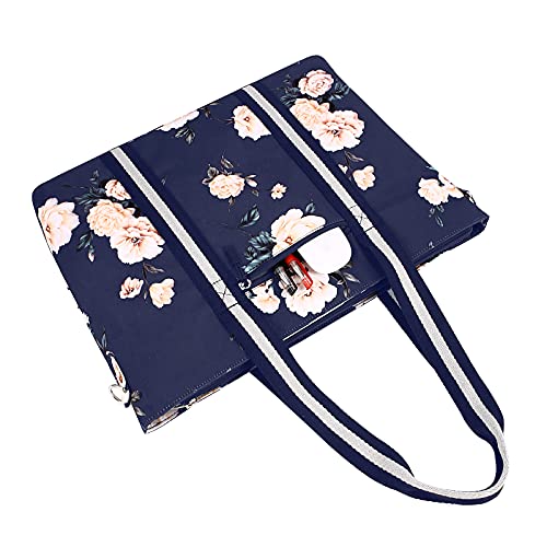 MOSISO Laptop Tote Bag for Women (17-17.3 inch), Canvas Camellia Multifunctional Work Travel Shopping Duffel Carrying Shoulder Handbag, Blue3