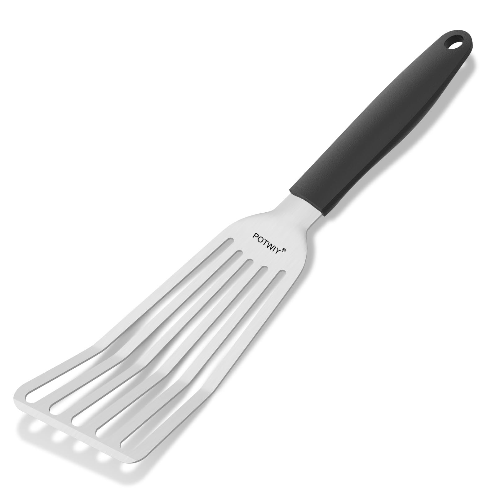 Espátula de pescado de acero inoxidable, volteador de pescado de metal con mango de silicona, espátula ranurada de cocina para cocinar y asar a la parrilla, borde biselado y hoja curvada, 13.5
