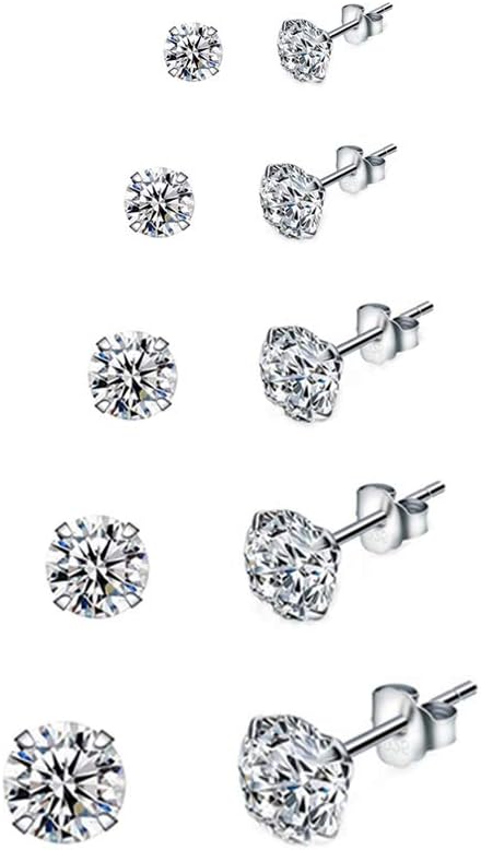 Epoch World 5 works Silver Stud Earrings for Women 925 Sterling Silver Earrings Studs Set Unisex Small Sleeper Cartilage Hypoallergenic Studs with Cubic Zirconia Men Women