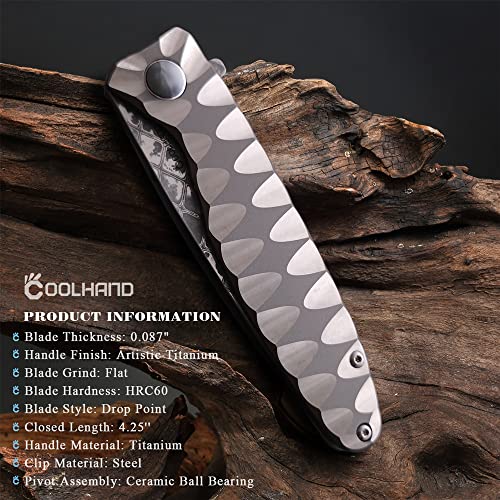 Cool Hand 4.6'' Damascus Steel Folding Knife, Titanium Frame Lock Knives W/ 3'' Vg10 Damascus Steel Blade, Textured Tc4 Titanium Handle And Clip, Great Edc Gentlemen Knife #TOP2