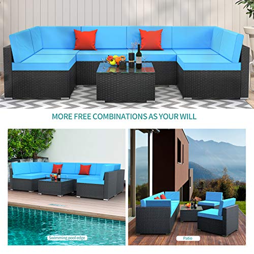 Mecor 7 Pieces Patio Outdoor Sectional Furniture Sets, Garden PE Rattan Sofa Chair Set Black Wicker Conversation Set w/Tempered Glass Coffee Table, Washable Couch Cushions &2 Pillows - Thumbnail 2