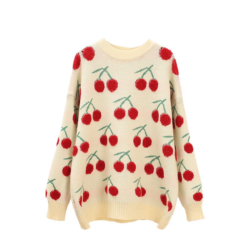Image of yolrdiw Girls Cute Cherry Embroidery Sweater Crewneck Long Sleeves Valentine's Day Knit Pullover