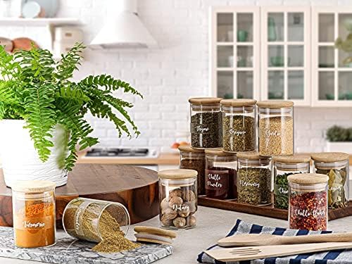 Glass Storage Jars with Bamboo Wood Lids 150ml Set of 12 with 'Mrs Hinch' Style Cursive Font Labels. Ideal for Dried Herbs, Spices and Seasonings, Seeds, Nuts and Baking Ingredients etc.