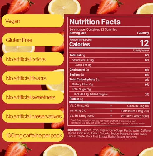 Image of Speed Labs Caffeine Energy Gummies Strawberry Lemon Natural, 25mg Caffeine, Taurine, B-Vitamins per Piece, Vegan, Gluten Free, 1g Added Sugar (8 Packs, Strawberry Lemon)
