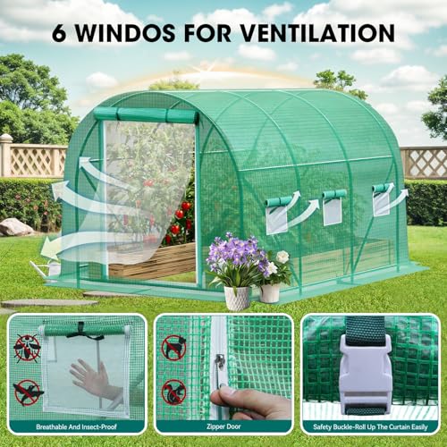 Grezone Walk-in Greenhouse Upgraded Green House with Dual Zippered Screen Doors & 6 Screen Windows Heavy Duty Plastic Plant Warm House with Reinforced Frame (10x7x7 FT) - Image 3