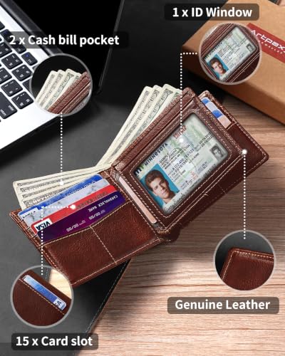 Image of Artpaxy Mens Wallet Bifold Genuine Leather RFID Blocking Wallet for Men with 1 ID Window 15 Card Holders 2 cash pockets 1 Gift Box