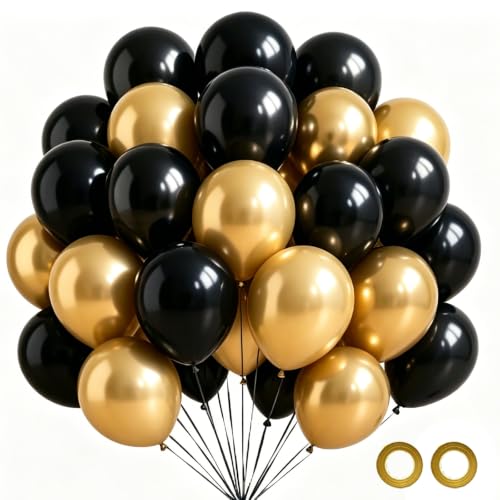 Black and Gold Party Balloons Black Gold Latex Balloons 50pcs 12 Inch Metallic Gold and Black Balloon for Graduation Birthday Weddings New Year Anniversary Retirement Party Decorations