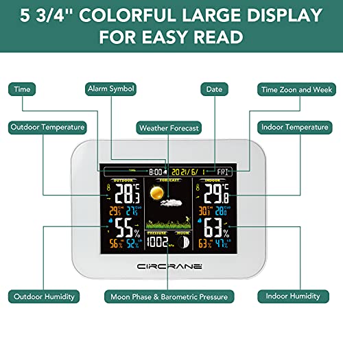 Circrane Wireless Weather Station Color Indoor Outdoor Thermometer, Color Display Digital Weather Thermometer, Forecast Station With Calendar And Adjustable Backlight, White #TOP4
