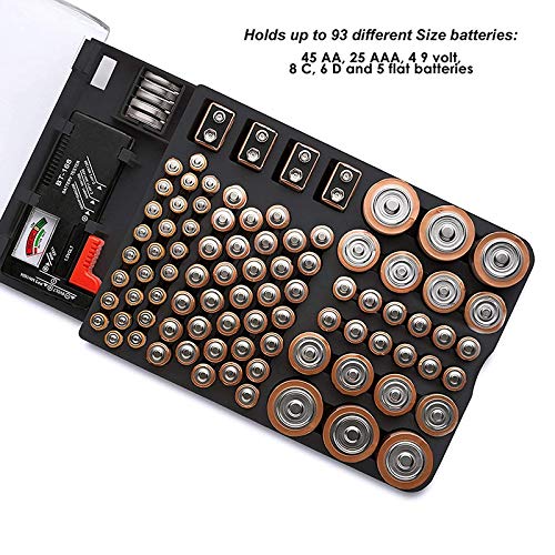 Pasuihcay The Battery Storage Case,Organizer with Hinged Clear Cover, with Battery Tester, Holds 93 Batteries Various Sizes, Black