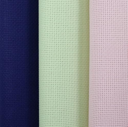 Image of KCS 3 pc of 15 inch x 18 inch(38cmx45cm) Counted Cross Stitch Cotton Aida Cloth Needlework Rolled Fabric Box,14CT,Royal Blue+Light Green+Pink