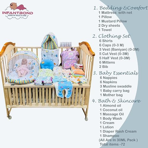 Image of Infantbond 72 in 1 New Born Baby Summer Complete Daily Items Combo | Baby Gift Set | New Born Gift set | Infant Combo set | Baby Hospital Bag for Newborn | New Born Essentials | Infant Clothes (0-6 Months) (Goodnight Blue)