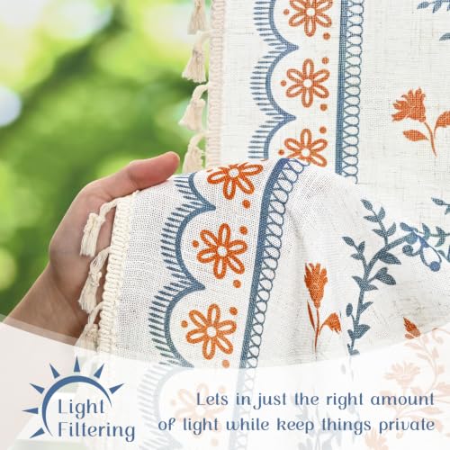 Image of Yinhua Boho Swag Valance Curtains Vintage Linen Valances for Windows Light Filtering Floral Kitchen Valance Rod Pocket Rustic Tassel Window Valances for Bathroom, 60 inch W x 36 inch L, Blue Orange Floral