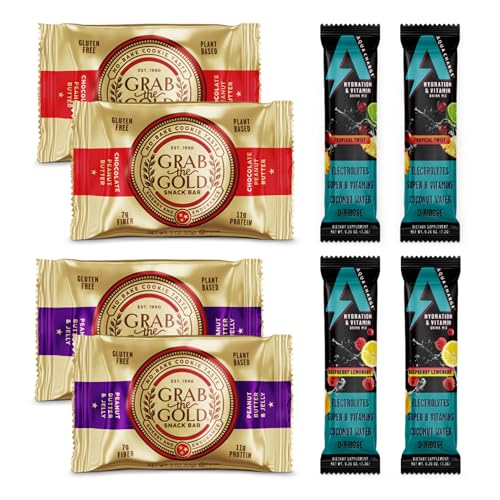 Image of Grab The Gold Discovery Pack | Chocolate Peanut Butter & Peanut Butter & Jelly Protein Bars Plus Aqua Charge Hydration Sticks | 8 Count Variety Pack, Made in USA