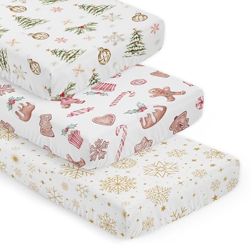 Sweet Jojo Designs 3-Piece Baby Crib Sheets Set (Christmas Holiday) for Girls/Boys Infant Nursery Toddler Room - Fitted Standard Size (Xmas Holiday Gingerbread Treats Snowflakes & Pine Trees)