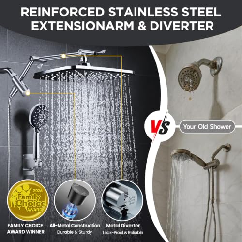 Image of Veken 11.8 inch Rain Shower Head with Handheld, High Pressure Handheld Shower with Multi Spray Modes, Rainfall Combo with 15 inch Metal Extension Arm, Detachable Dual Shower and Power Jet, Chrome Silver