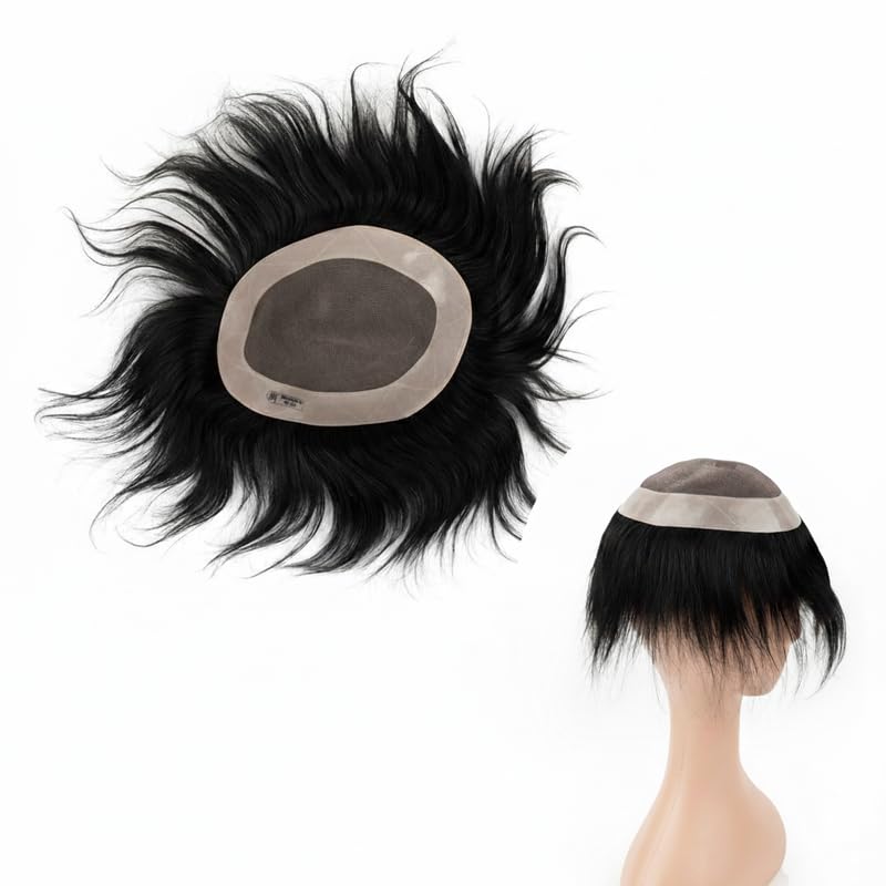 Image of CAPILUS Men's Hair Patch Indian Black | Real Human Hair Toupee with Monofilament Base | Natural Scalp Look Hair System for Baldness & Thinning Hair | Easy Apply, Freestyle Styling - 9x6