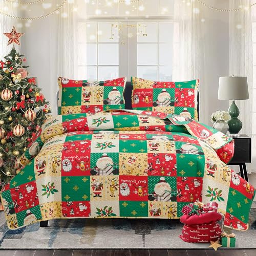 3-Piece Christmas Quilt Set King Size Xmas Bedspread Reversible Coverlet Snowman Deer Design for New Year Bed Decor, Lightweight Bedding Cover for All Season(1 Quilt + 2 Pillow Shams, Red Green)