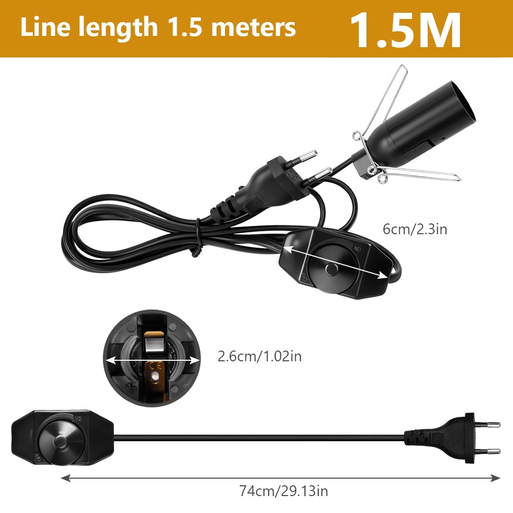 URAQT 2 Piezas Cable para lámpara de sal con enchufe europeo e interruptor, max. 15w, AC 220-240V, Portalámparas E14 de 1,5 m para lámpara de sal Lámpara de Lámpara de Pie, Colgante (Negro)