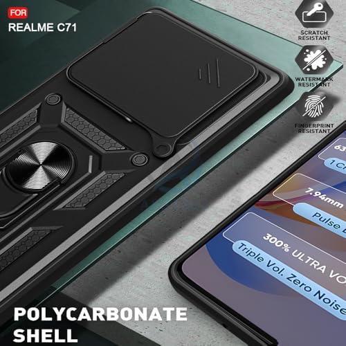 Image of AESTMO Tough Armor Realme C71 Bumper Back Case Cover | Ring Holder & Sliding Camera Shield Cover | 360 Degree Protection Back Case Cover for Realme C71 (Black)