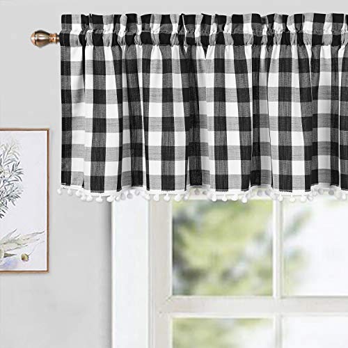 CAROMIO Buffalo Plaid Valance Curtains for Kitchen, Buffalo Check Gingham Pom Pom Farmhouse Kitchen Valances for Windows Cafe Curtains, Black/White, 52x15 in