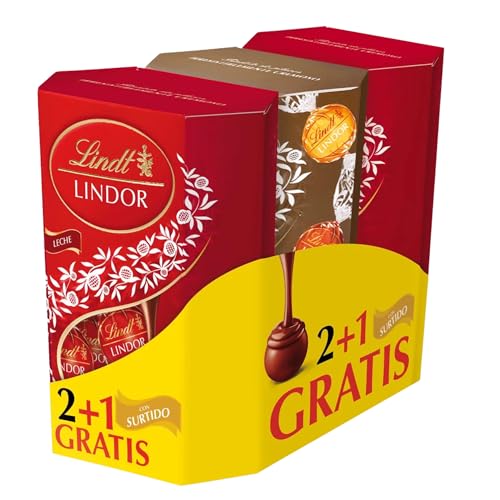 Pack 2+1 Bombones LINDOR Cornet | 411g | Chocolate con leche y surtido | Textura fundente | Regalo elegante | Cacao 100% puro| Sin necesidad de refrigeración